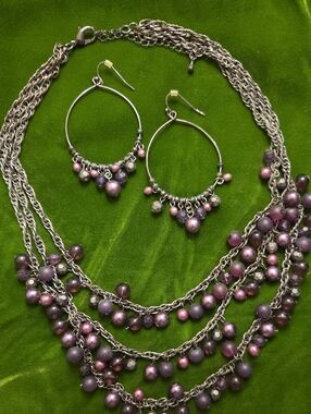 Multi-Strand Purple Beaded 16+2" Necklace with Matching Hoop Earrings